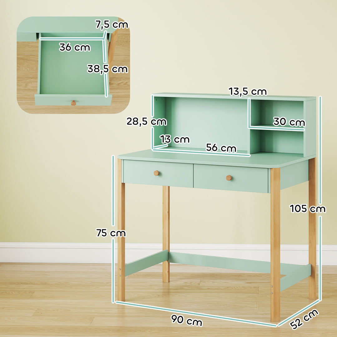 Børneskrivebord, elevskrivebord med skuffer, hylde, opbevaringsplads til børn i alderen 5-12 år, 90 x 52 x 105 cm, grøn