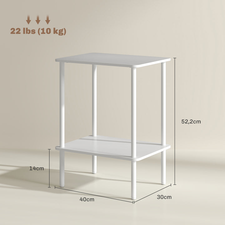 Moderne 2-lags sidebord med opbevaringsrum og metalstel til stue, soveværelse, hvid