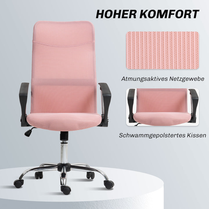 Ergonomisk kontorstol, højdejusterbar drejestol med vippefunktion, netpolstring, 63 x 65 x 109-119 cm, lyserød