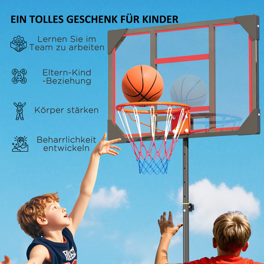 Børne basketballkurv, udendørs basketballkurv til børn, 210-260 cm højdejusterbar, med hjul, fra 6 år, rød