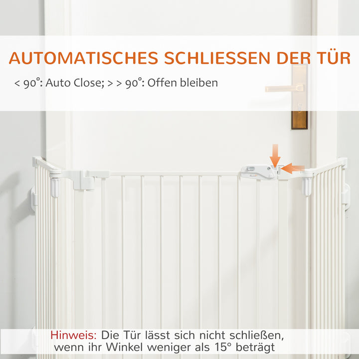 Hundebarrierer sikkerhedslåge kæledyrssikkerhedslåge justerbar foldbar pejsrist med automatisk lukning 3 paneler til komfur vægmonteret/fritstående hvid 202,5 x 76 cm