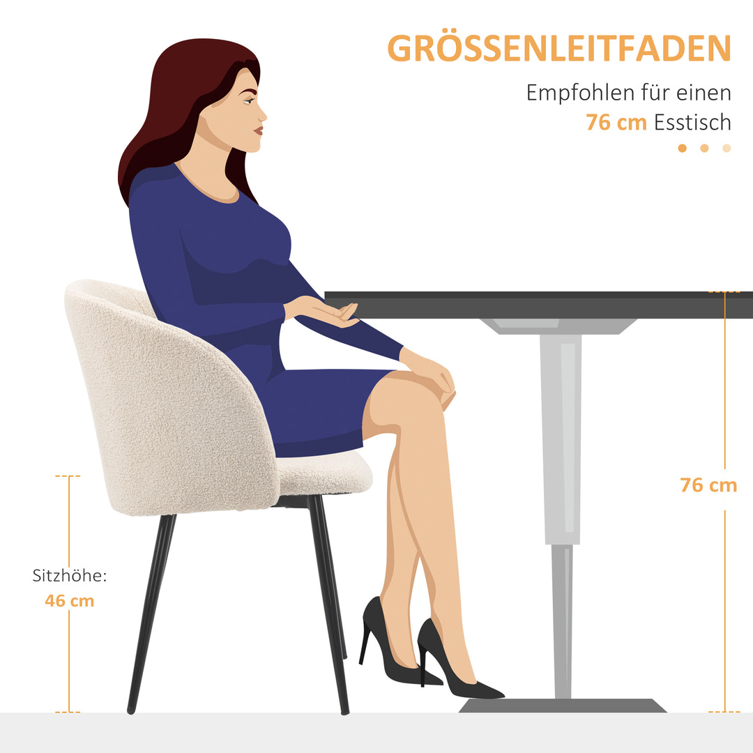 Sæt med 2 spisebordsstole, polstrede stofkøkkenstole med stålben, buet ryglæn, cremehvid