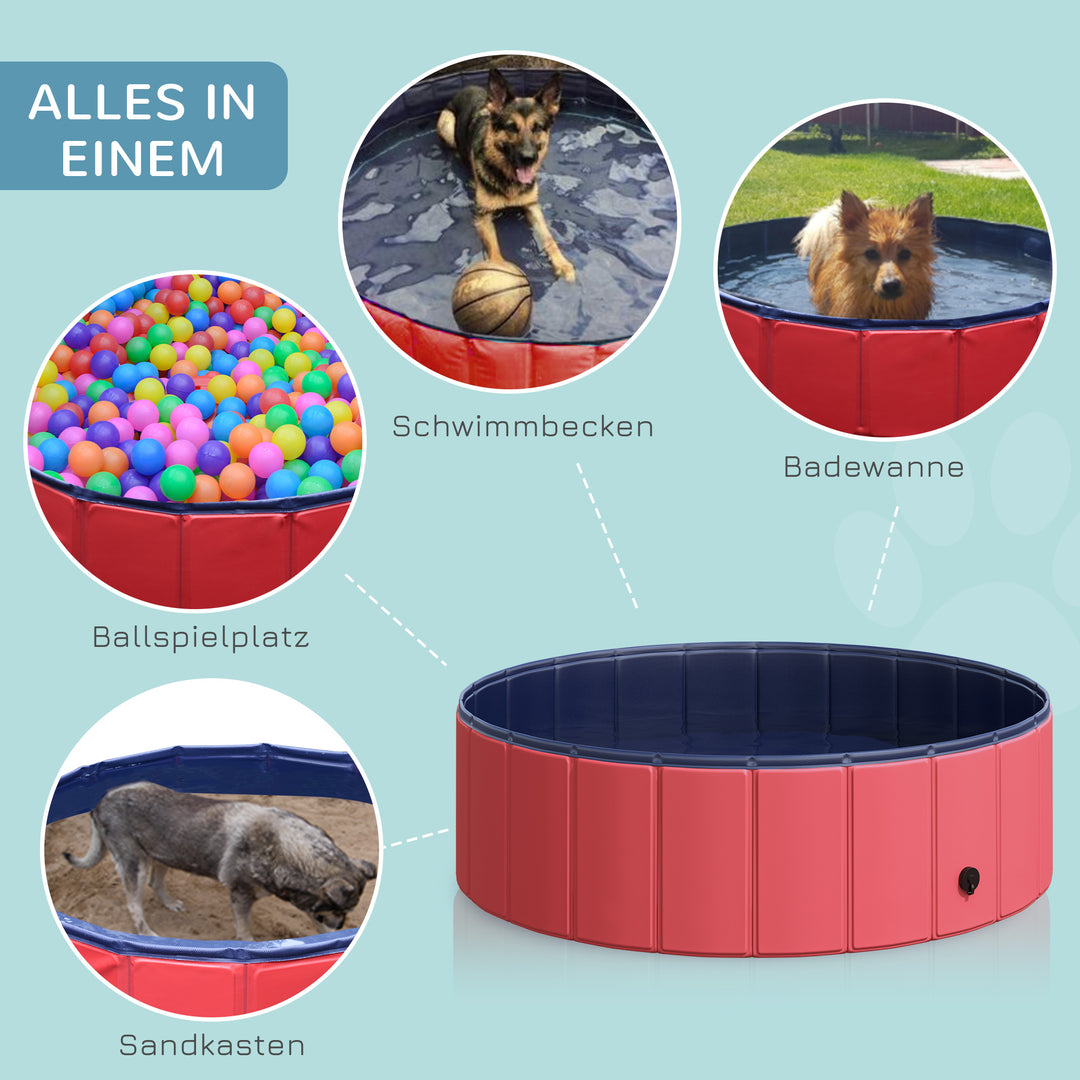 Sammenklappeligt hundebadekar, hundepool, swimmingpool, børnepool, badekar til hunde og katte, vandbassin af plastik og træ, Ø100 x H30 cm, rød