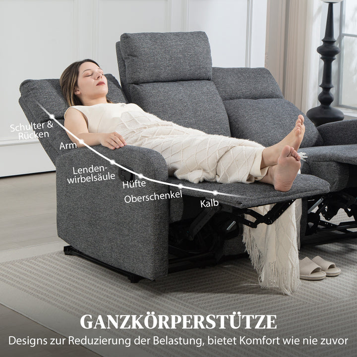 3-personers sofa, individuelt justerbare ryglæn, fodstøtte, stofbetræk, metal, grå