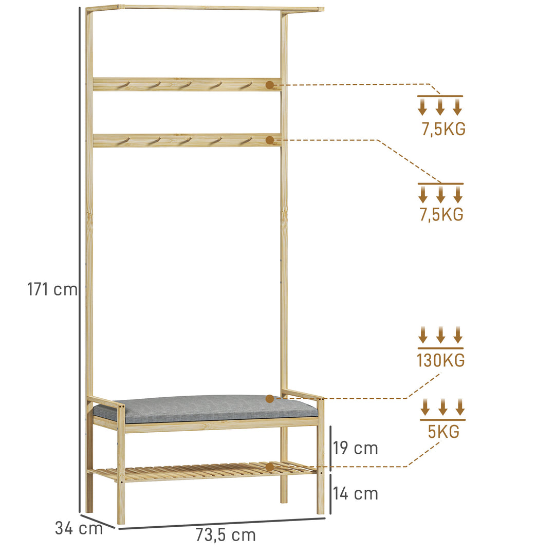 Garderobe med skobænk, bøjlestang, 10 knagerækker, skohylde, bambus