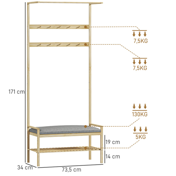 Garderobe med skobænk, bøjlestang, 10 knagerækker, skohylde, bambus