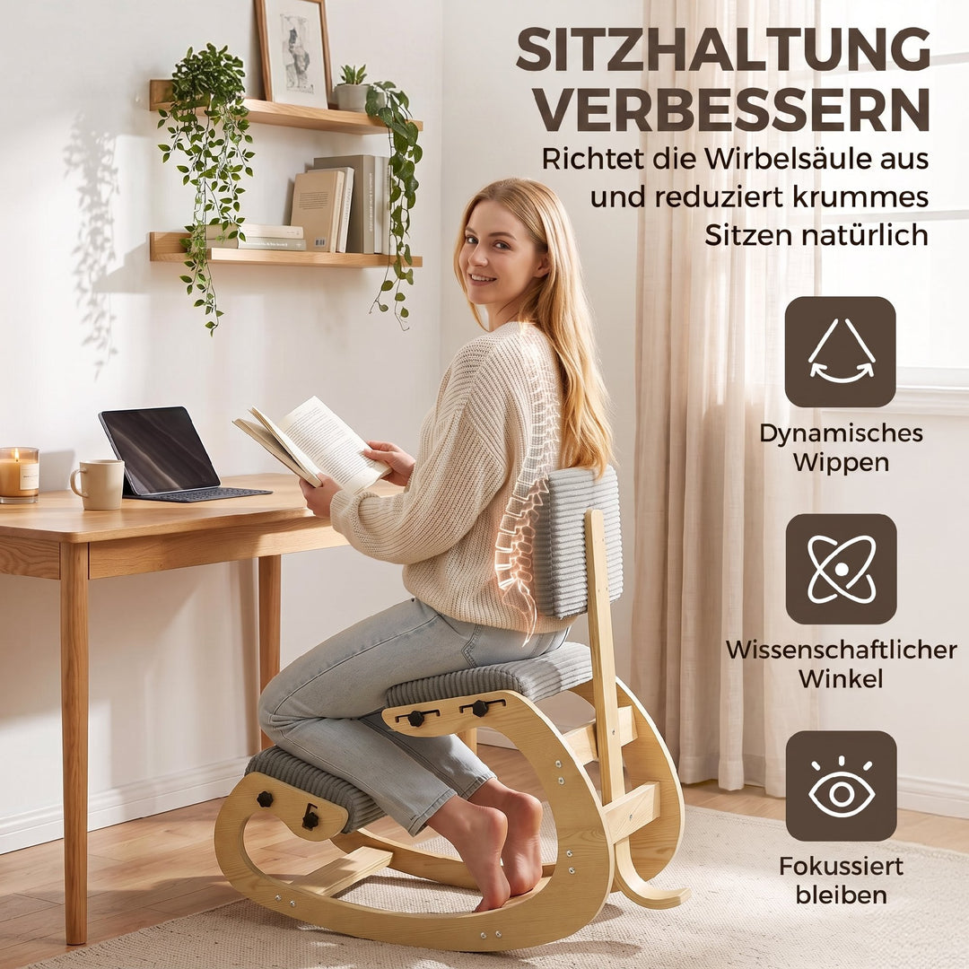 Ergonomisk knælestol med ryglæn, corduroy-look, grå