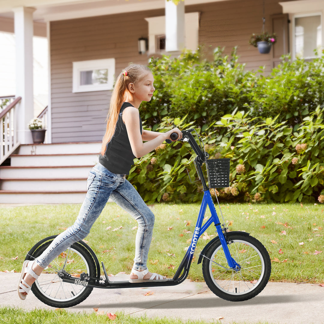 Børnescooter, løbehjul med bremse, inklusive kurv, højdejusterbar, til børn 5-12 år, blå+sort