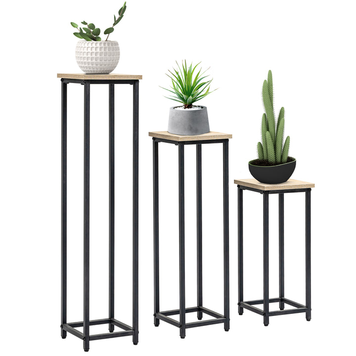 3-Delt sæt stabelbare plantestativer, pladsbesparende, 21 cm x 21 cm x 50/70/90 cm, stål, brun + sort