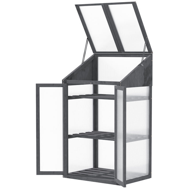 Mini drivhus, lille drivhus med træramme, vindue og dobbeltdør, 3 hylder, 70l x 50b x 120h cm, grå