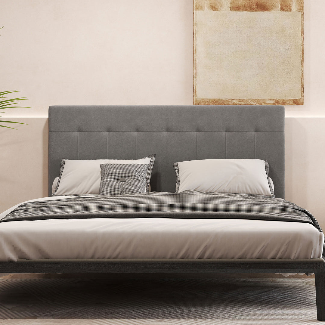 Sengegavl med 3 højdejusteringer, sengegavl med metalben, fløjlslook til soveværelse, 140x10x106/116/126 cm, grå