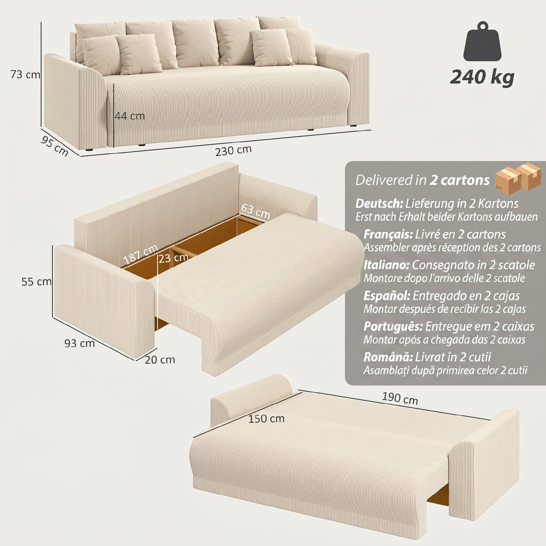 Sovesofa 190x150cm 3-personers sofa med sovefunktion, hynder, opbevaringsplads, corduroy-look til stuen, beige