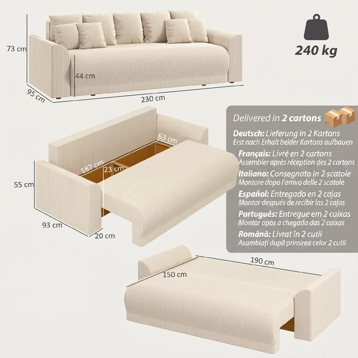 Sovesofa 190x150cm 3-personers sofa med sovefunktion, hynder, opbevaringsplads, corduroy-look til stuen, beige