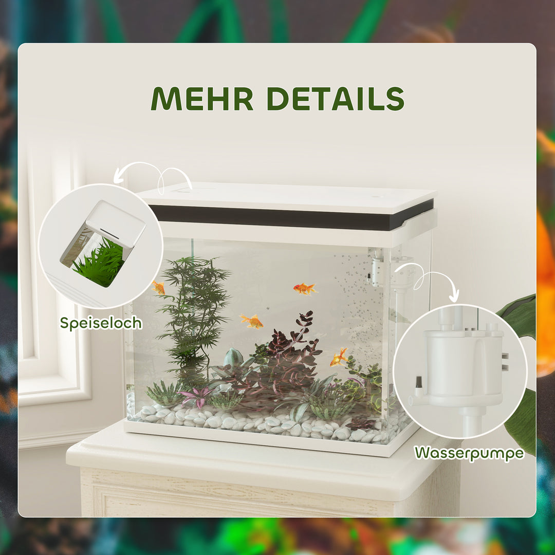 41-liters glasakvarium med filtersystem, LED-lys, vandpumpe, til forskellige fiskearter, hvid