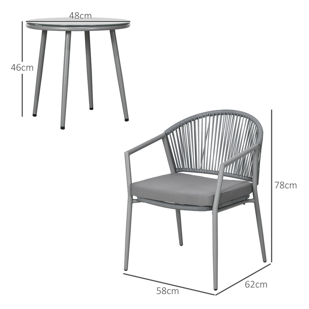 Havemøbelsæt, 2 stole og 1 bord med glasplade, rattan-look, vejrbestandig, metalstel, grå