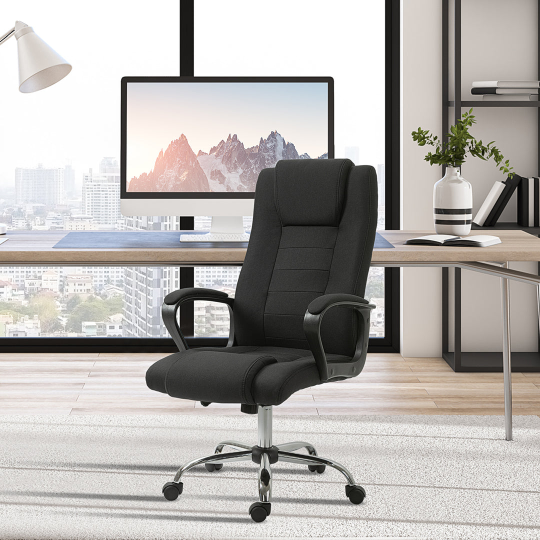 Kontorstol, computerstol med vippefunktion, nakkestøtte, ergonomisk skrivebordsstol, drejelig, højdejusterbar, sort linned-touch, 62 x 76 x 110-119 cm