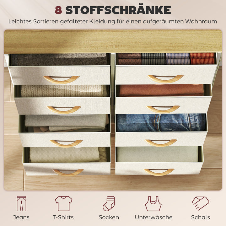Kommode til soveværelset med 8 stofskuffer, stålstøtter, træfinish, 4 opbevaringslommer, 2 kroge, beige