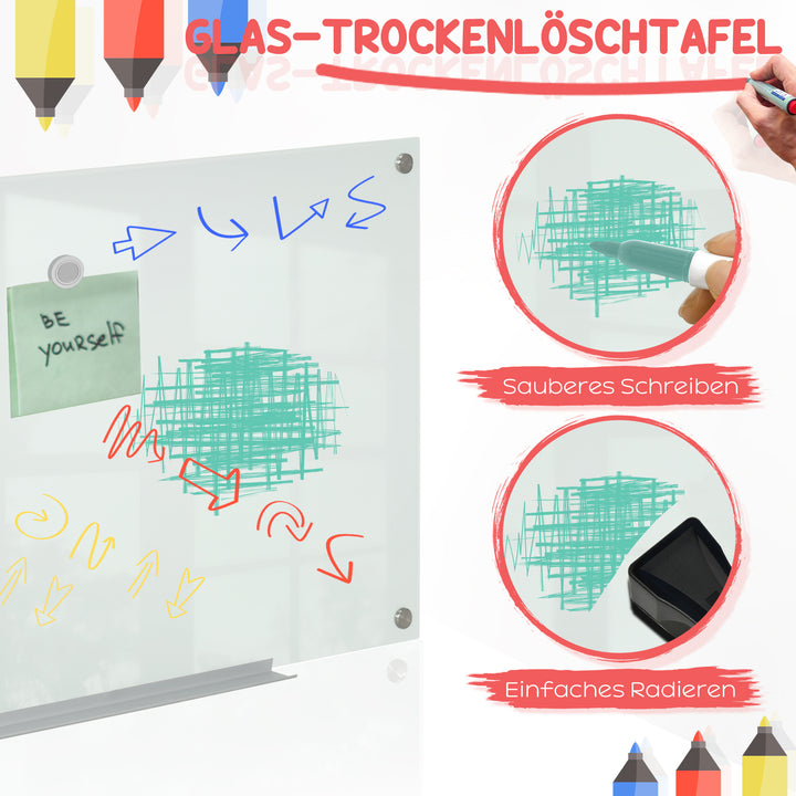 Glas whiteboard, memoboard, whiteboard, 4 penne, 6 magneter, 1 svamp, 1 bakke, hvid