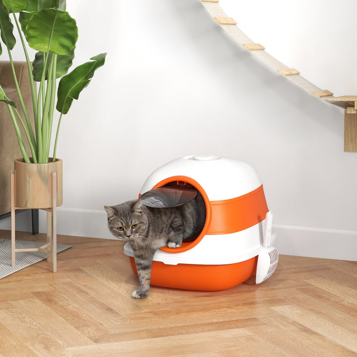 Kattebakke med låg og kattebakke, til katte op til 5 kg, 52 x 41 x 38 cm, hvid/orange