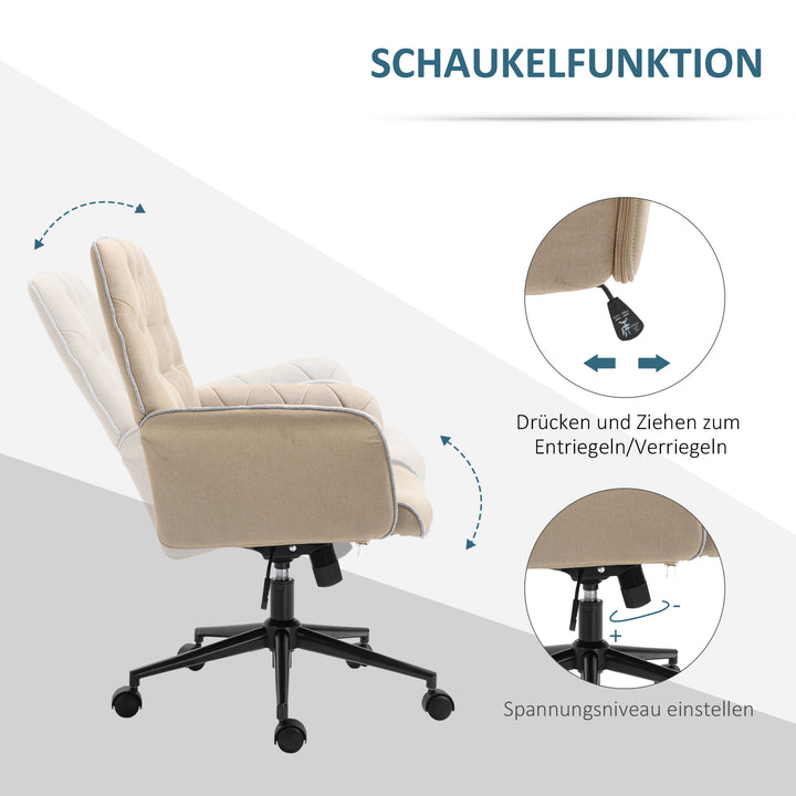 Kontorstol med vippefunktion, drejestol, hjemmekontorstol, højdejusterbar skrivebordsstol, computerstol, arbejdsstol med armlæn, 360° drejelige hjul, skum, beige, 66 x 69 x 89,5-97 cm