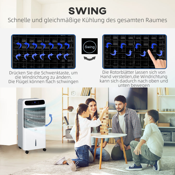 Luftkøler med vandkøling, fjernbetjening, 3 tilstande, 3 hastigheder, 12-timers timer, LED-display, 38x35x81 cm, hvid