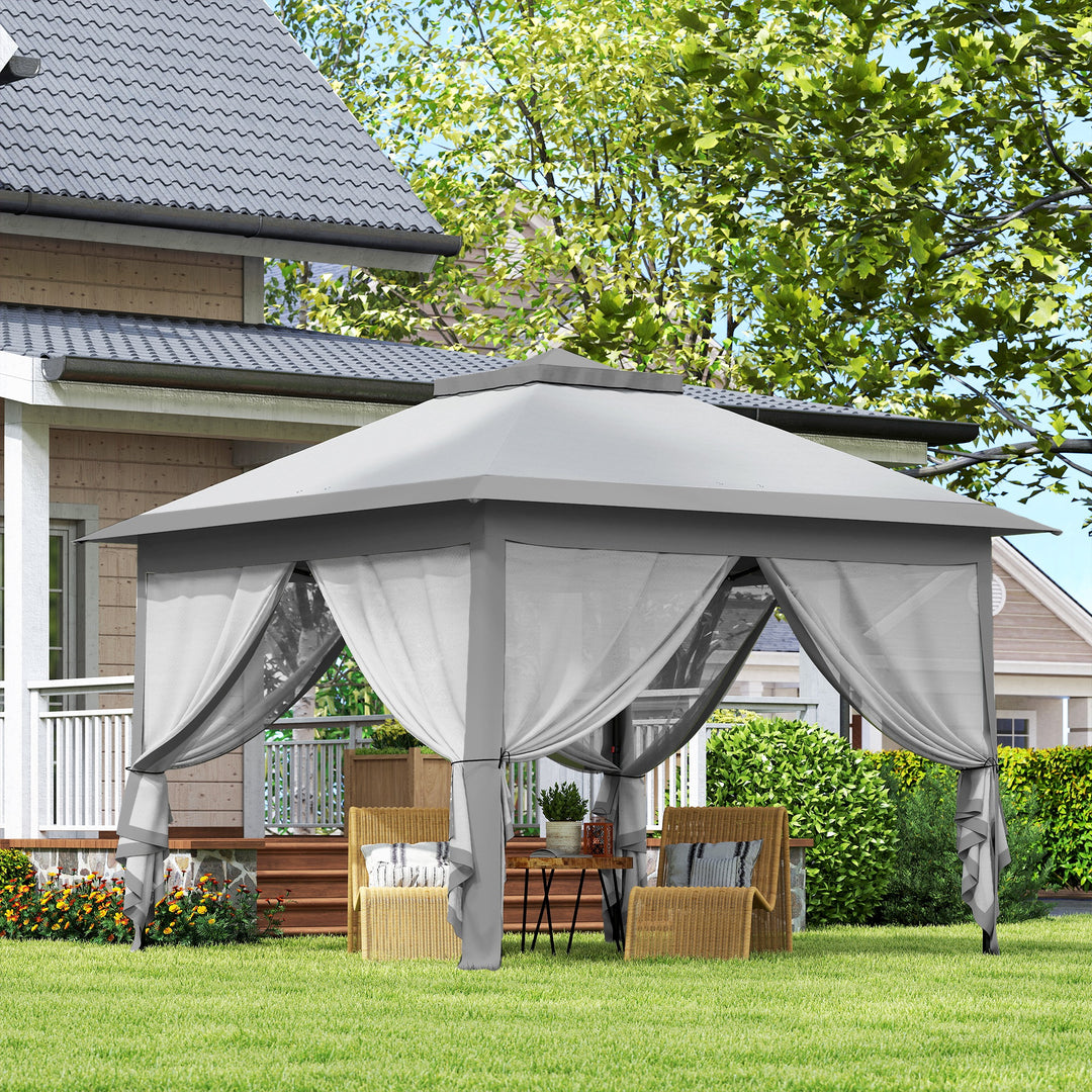 Foldbart lysthus, havelysthus, metal- og stofpresenning, netgardiner, drænhuller, 330L x 330B x 288H cm, grå