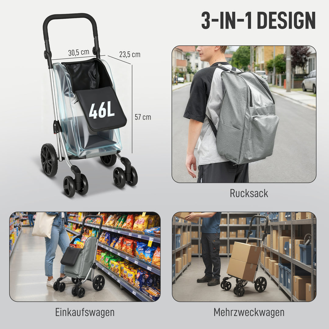 Indkøbsvogn, 46-liters taske, foldbar indkøbsvogn med køletaske, justerbart håndtag, aluminiumsramme, grå