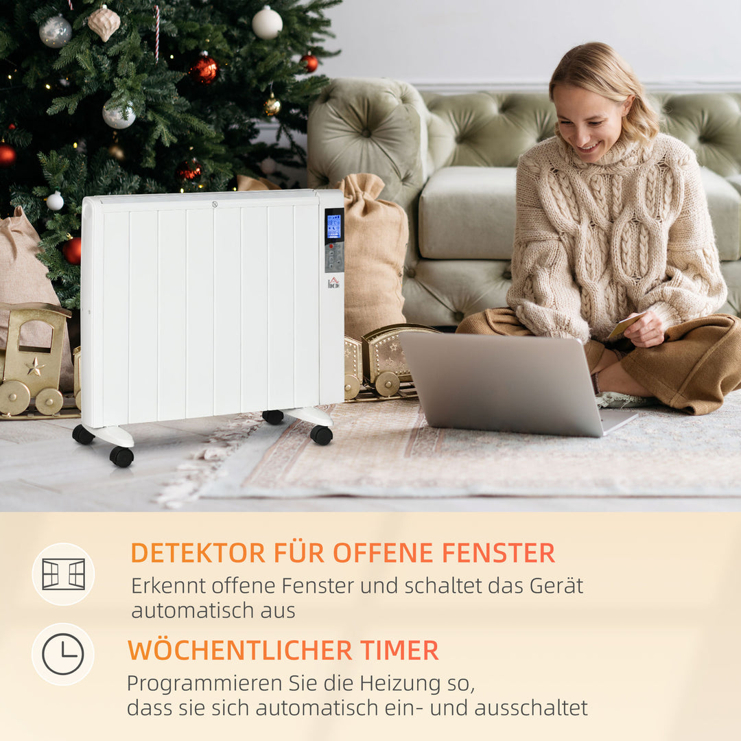 Elektrisk varmelegeme med hjul, 9 forudinstallerede tilstande, vægmonterbar, 5-35°c, hvid, 75 x 7,5 x 58,5 cm