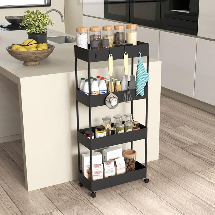 Køkkenvogn med 4 hylder, 4 fleksible kroge, 4 hjul, 40 cm x 19 cm x 90 cm, nichevogn, sort