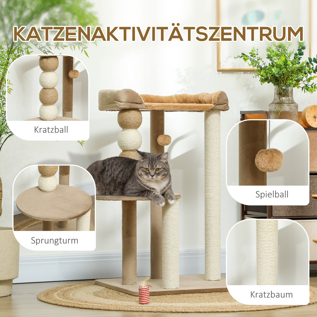 Kradsetræ med 2 niveauer, legebold, kradsetræer, kradsebolde, op til 7 kg, 56 x 54 x 86 cm, brun