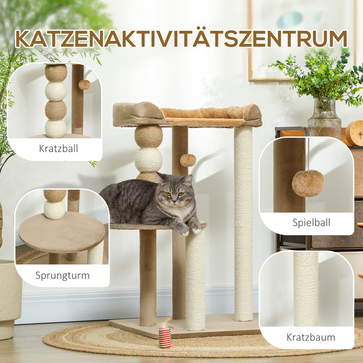 Kradsetræ med 2 niveauer, legebold, kradsetræer, kradsebolde, op til 7 kg, 56 x 54 x 86 cm, brun