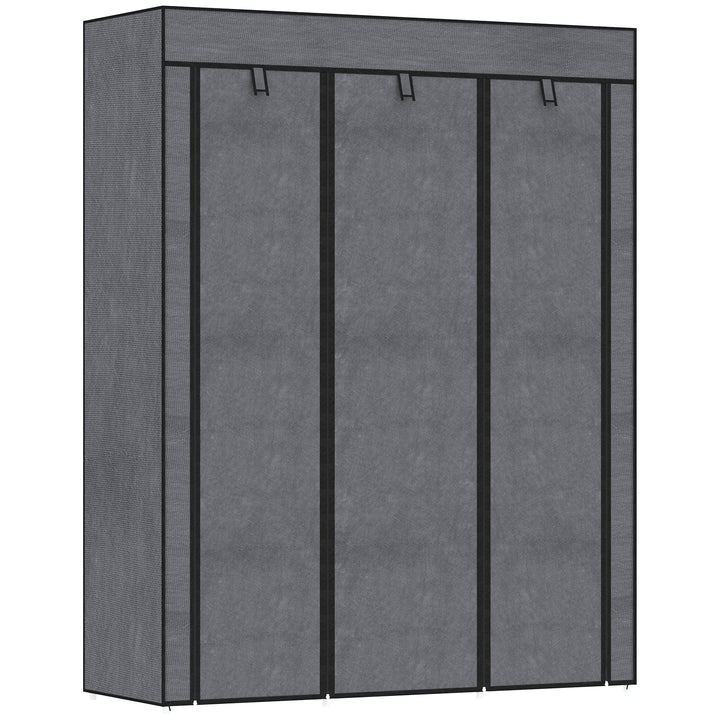 Stofgarderobe, opbevaringsløsning, 8 hylder, 2 garderobestativer, mørkegrå