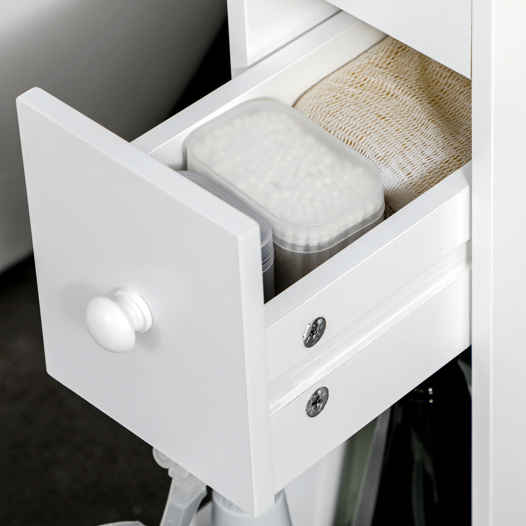 Niche-vogn badeværelsesskab rulleskab, slankt design, to skuffer, fire hjul, hvid, 16 x 49,5 x 66 cm