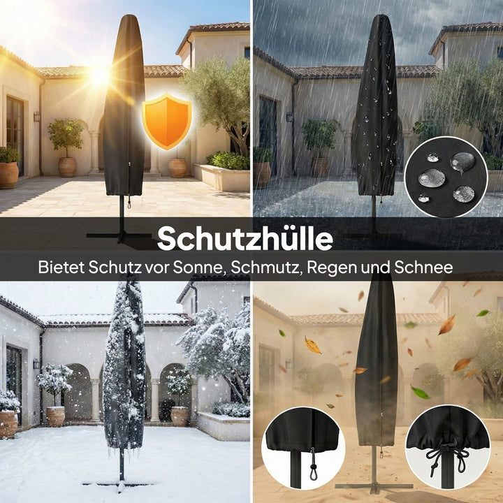 LED solcelledrevet parasol, ca. Ø300 cm, drejelig, med håndsving, beskyttelsesovertræk, lysegrå