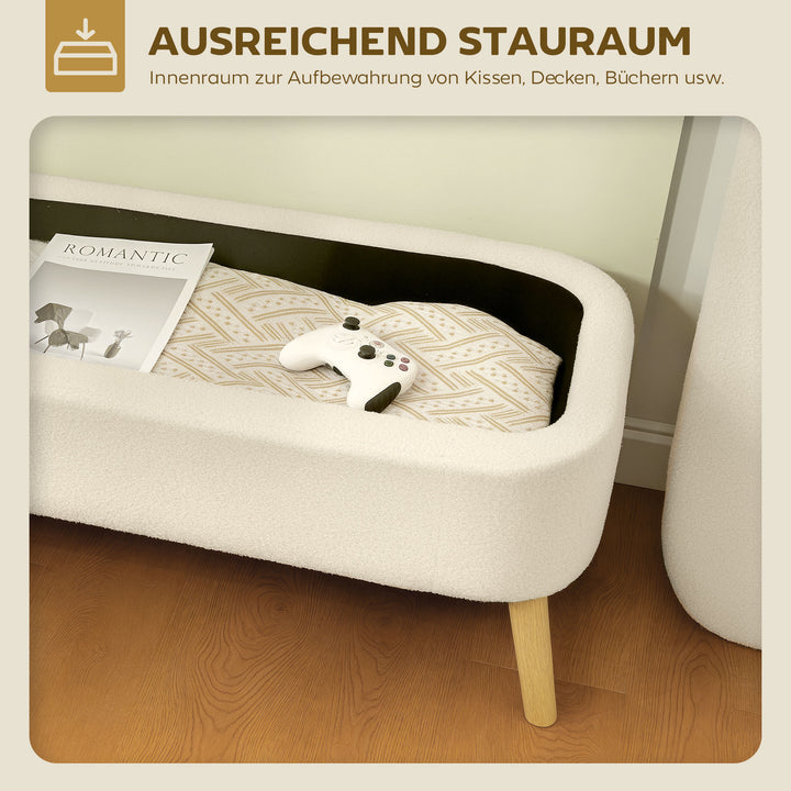 Opbevaringsbænk, bænk med 65 L opbevaringsplads, teddy fleecestof, gummitræ, 120 x 42 x 45 cm, beige
