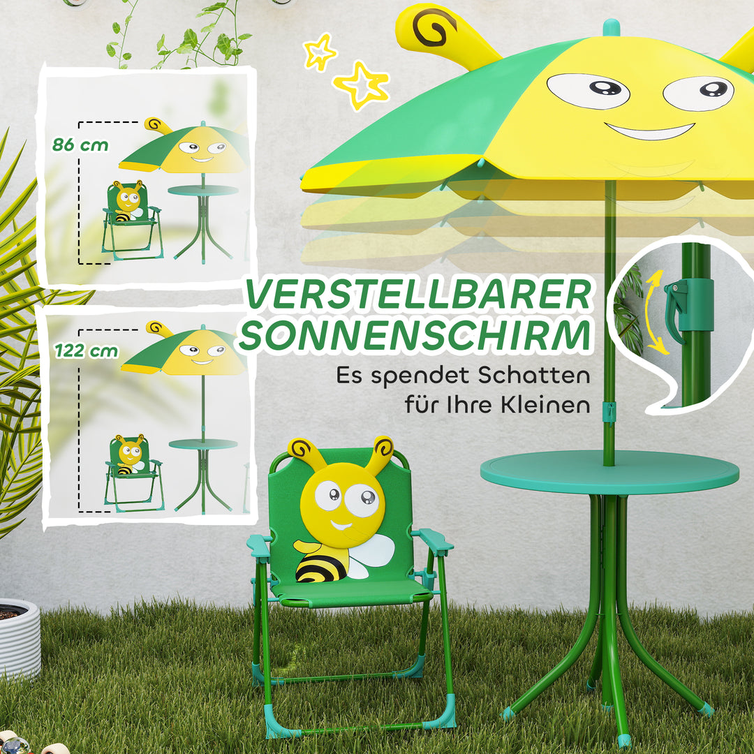 Børnehavemøbelsæt, stole, bord, parasol, bidesign, grøn+gul