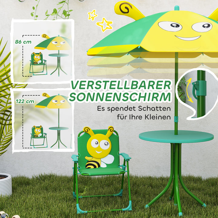 Børnehavemøbelsæt, stole, bord, parasol, bidesign, grøn+gul