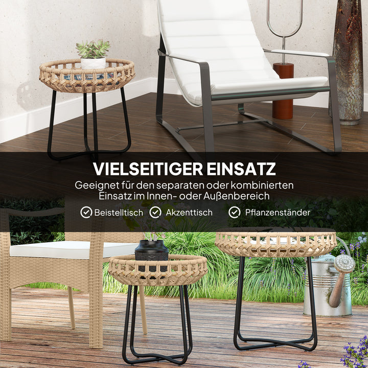 Sæt med 2 sideborde i polyrattan 60/41 cm rundt, vejrbestandigt havebord med x-ben, justerbare fodpuder, brun