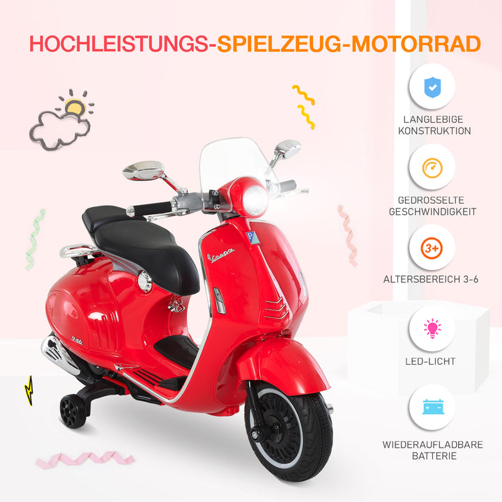 Børne elmotorcykel, 6v børnemotorcykel med forlygte, musik, frem- og bakgear, støttehjul, 30 kg lastkapacitet, elmotorcykel til børn 3-6 år, rød