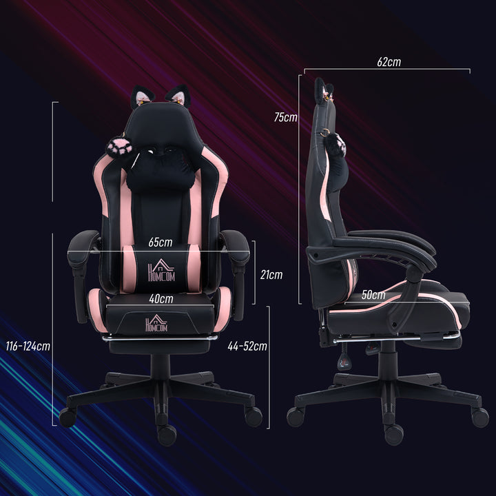 Gamingstol med katteører, lænelæn, udtrækkelig fodstøtte, op til 120 kg, pink/sort