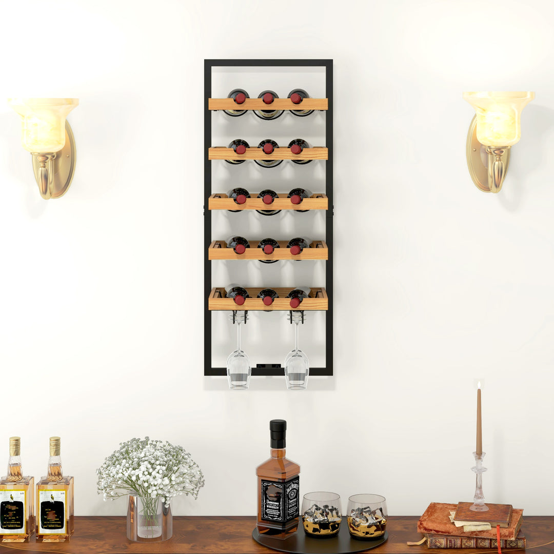 Vægmonteret vinreol, 5 etager, flaskeholder, glasholder, fyrretræ, stål, hjemmebar, køkken, stue, brun