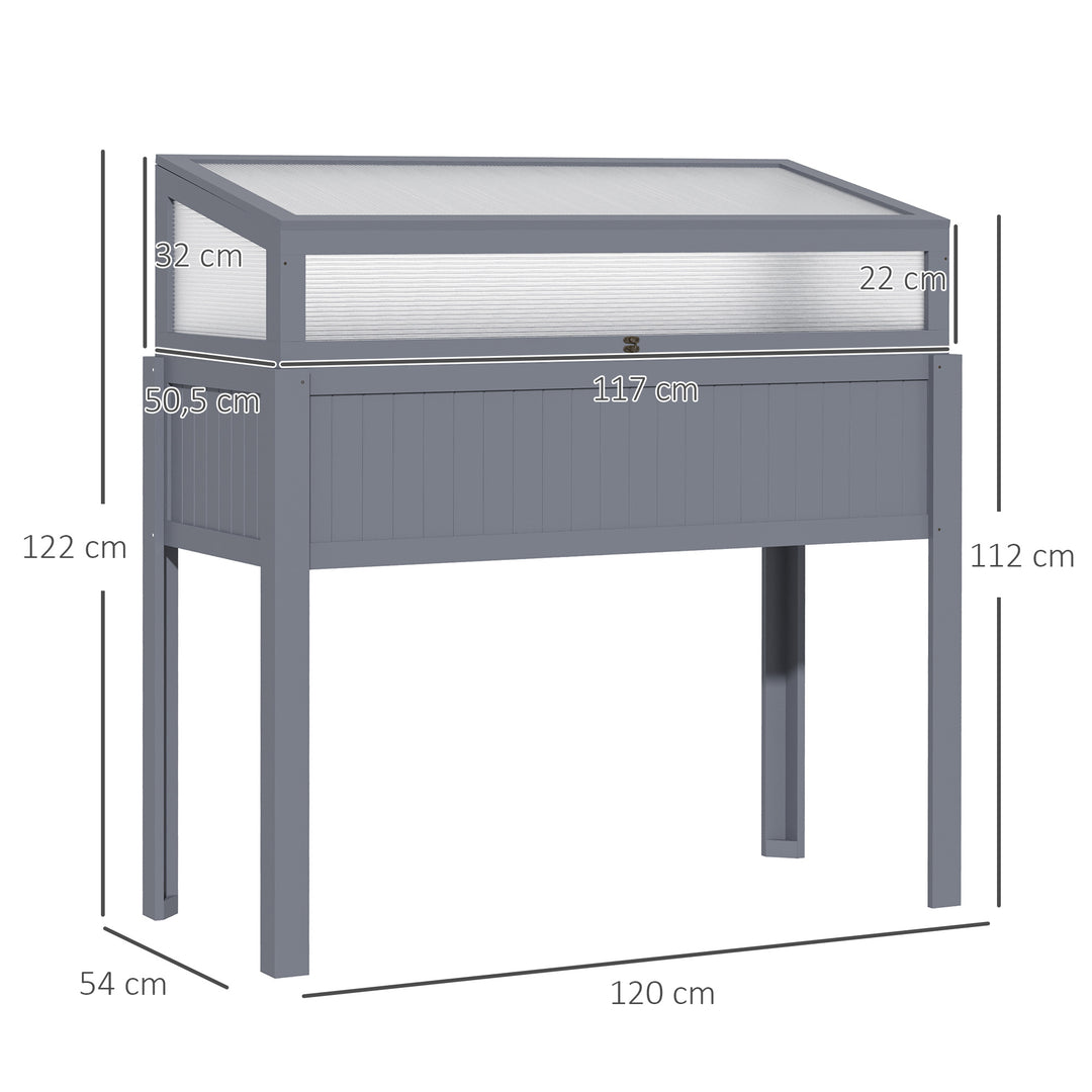 Højbed af træ med kold ramme 2-i-1 drivhus tomathus grøntsagsbed urtebed plantekasse til have balkon og terrasse polycarbonat grå 120 x 54 x 112/122 cm