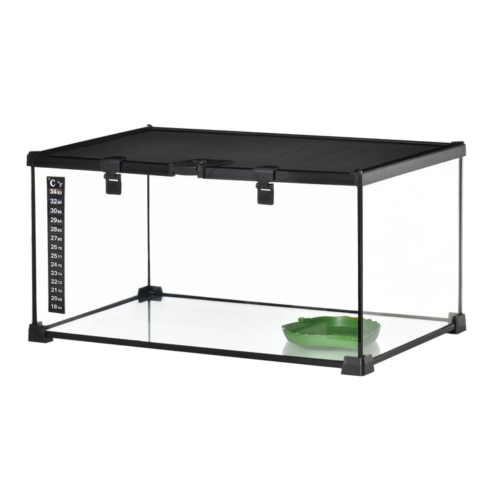 Reptile box terrarium, inklusive stribetermometer, foderklapper, 50 cm x 30 cm x 25 cm, glas + metal, sort