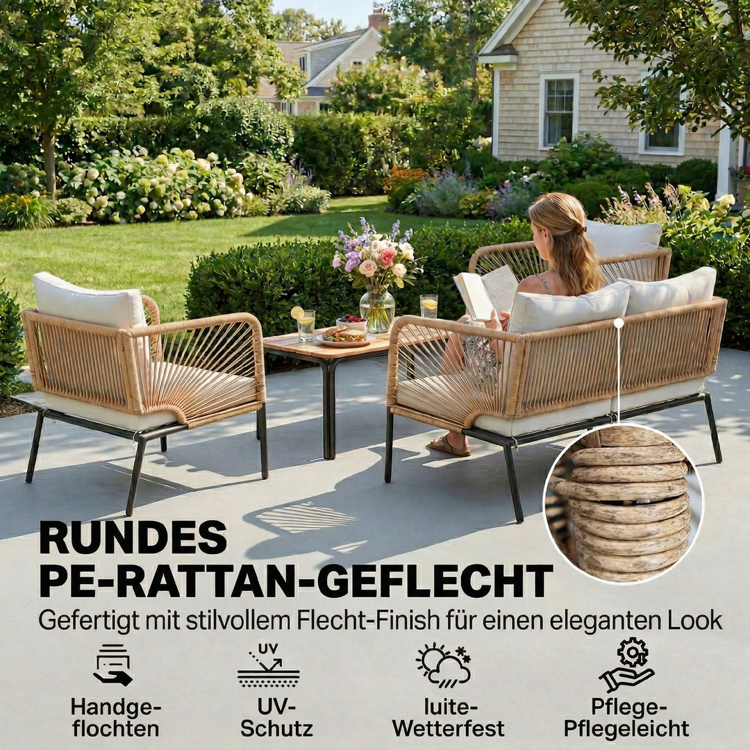 Havemøbelsæt, vejrbestandigt, til 4 personer, med 2-personers sofa, 2 lænestole, WPC lamelbord, metal, PE-rattan, hvid