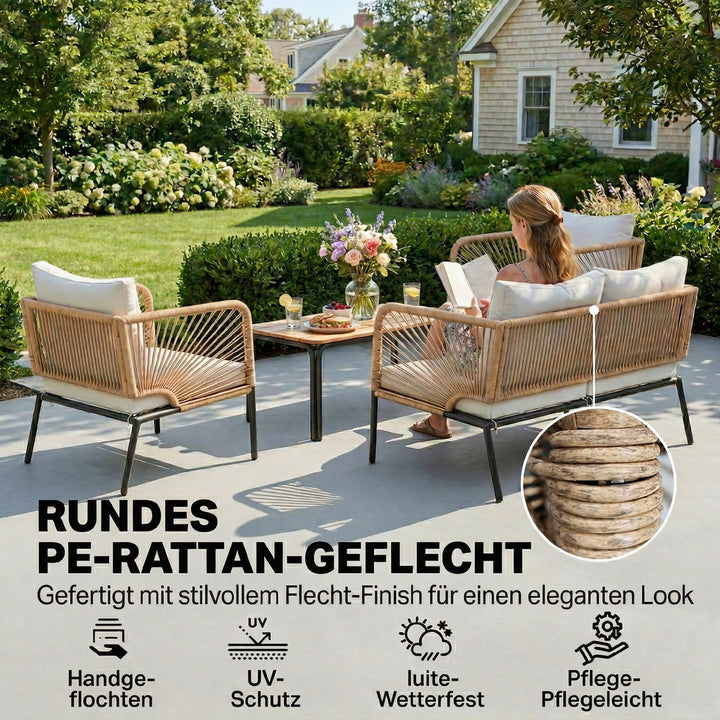 Havemøbelsæt, vejrbestandigt, til 4 personer, med 2-personers sofa, 2 lænestole, WPC lamelbord, metal, PE-rattan, hvid