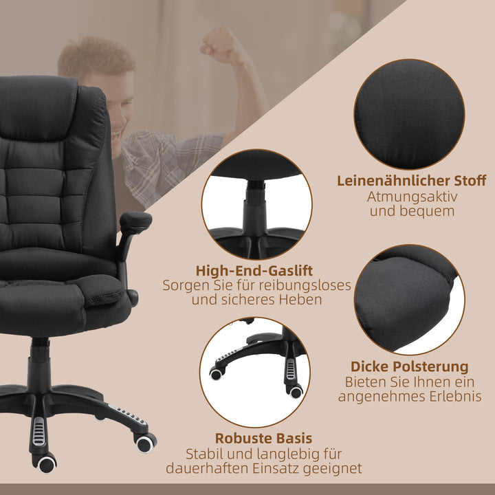 Kontorstol med vibrationsmassage, ergonomisk skrivebordsstol med varme- og lænefunktion, højdejusterbar lederstol med fjernbetjening, sidelomme, linnedlook, sort