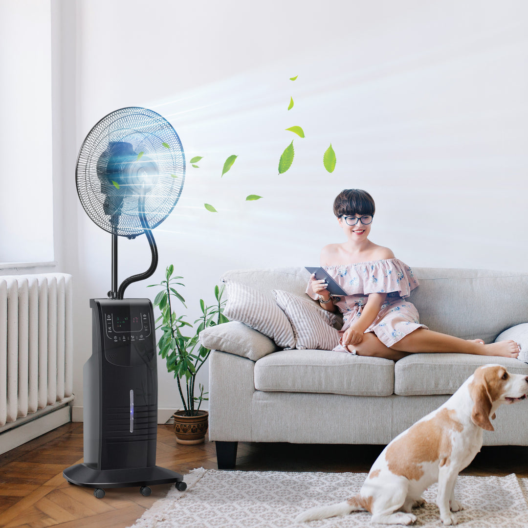 Vandkølet piedestalventilator med dugfunktion, fjernbetjening, oscillerende, timer, 3,1 L vandtank, 3 tilstande, 90 W vandventilator med hjul, 135 cm