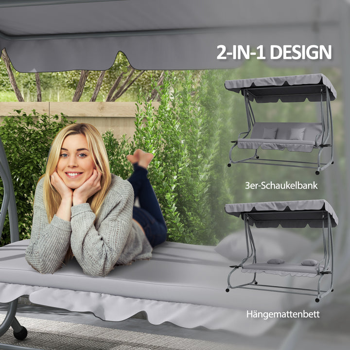 2-I-1 verandagynge med lænefunktion, justerbart tag, op til 340 kg, stål, 200 x 120 x 164 cm, grå
