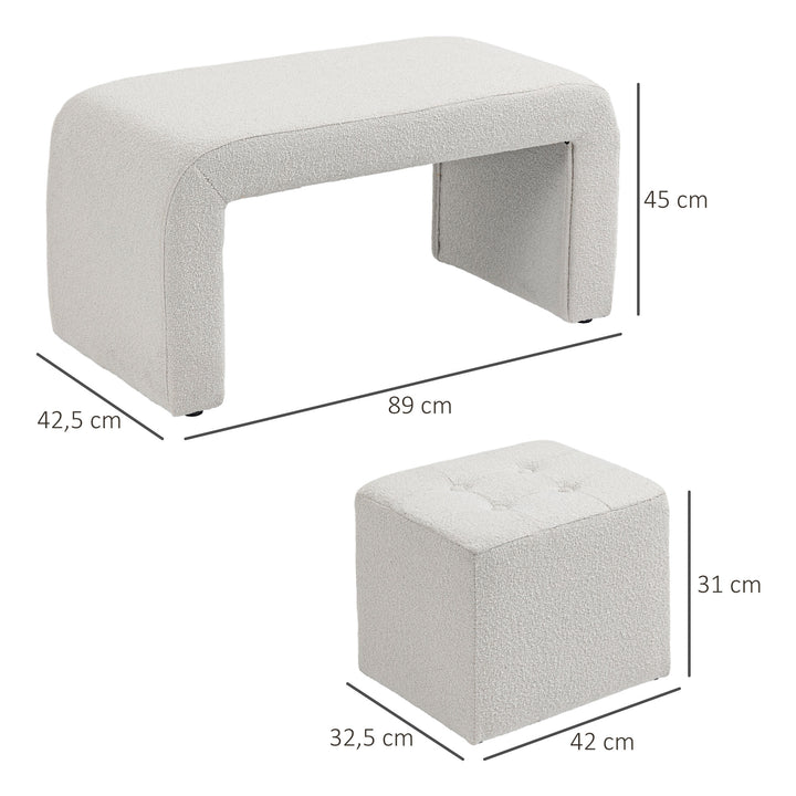 Fodskammelsæt 3-delt fodskammel med knapsøm, 89 cm x 42,5 cm x 45 cm, cremefarvet