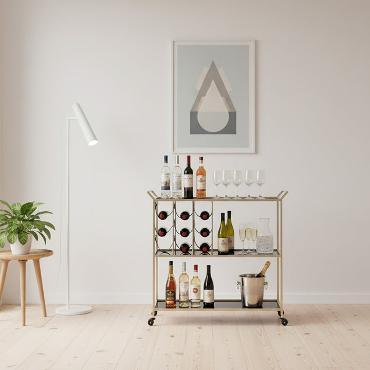 Glam rullevogn med guldfarve, metal, glas og pu – 79x39x5 cm